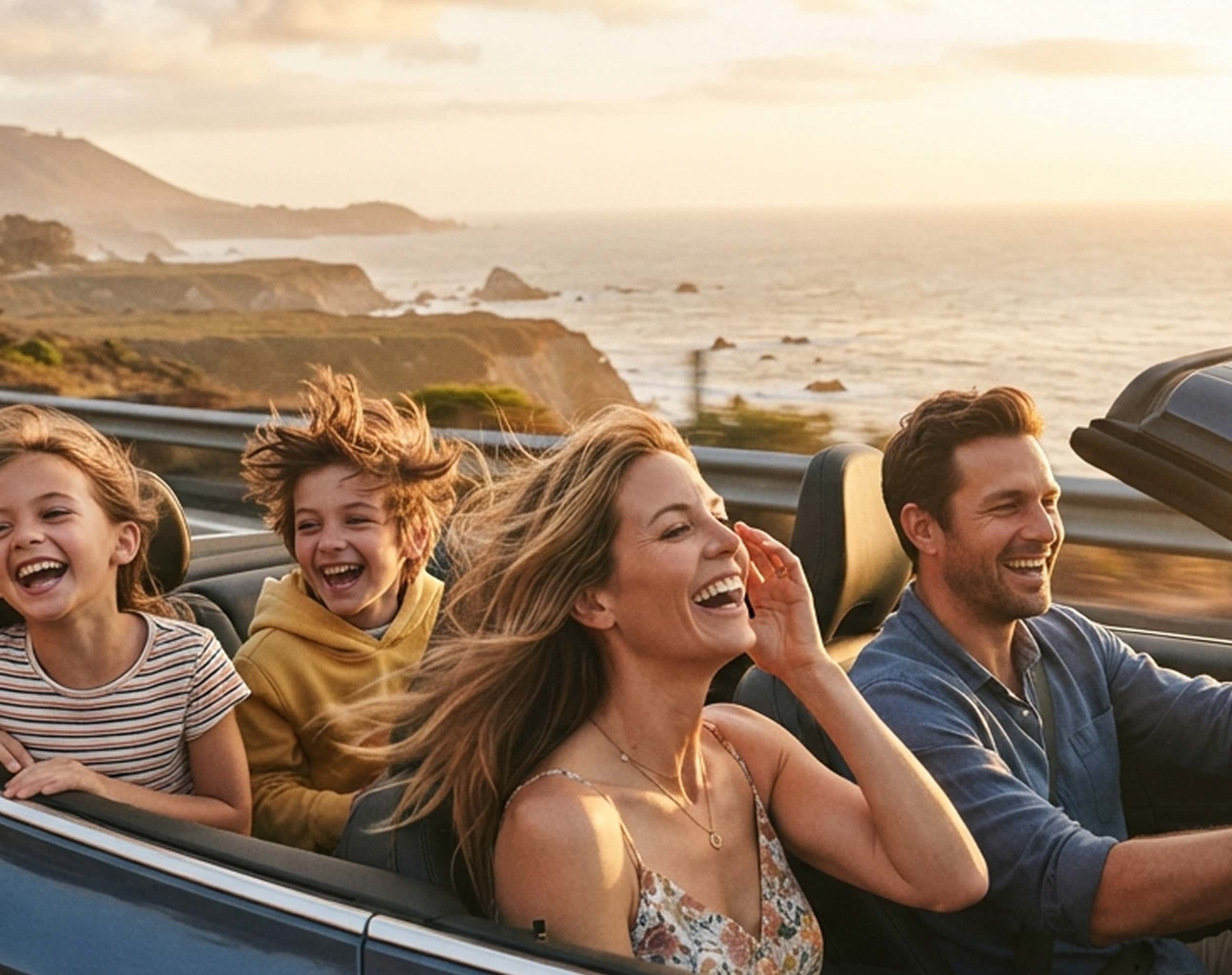 A family enjoying a coastal road trip